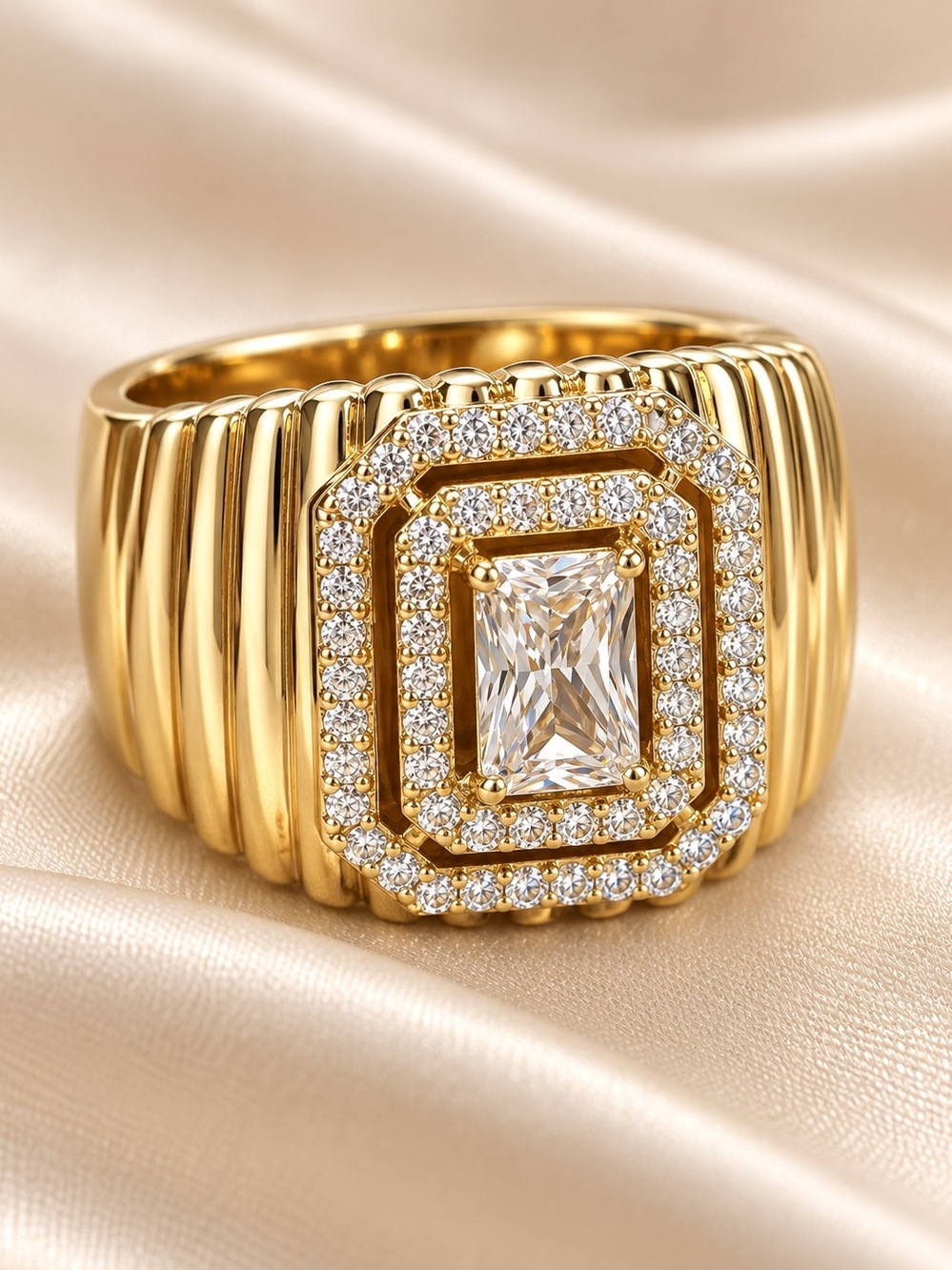 14k. Gold Laminated CZ Statement Ring with Rectangular Center Stone